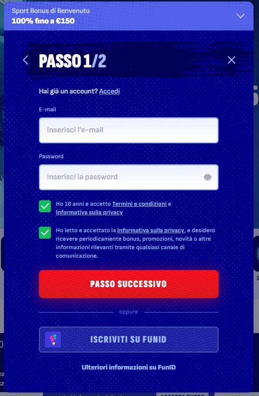 Registrazione su Bankonbet